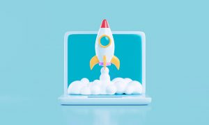 Illustration of a rocket ship taking off from a laptop