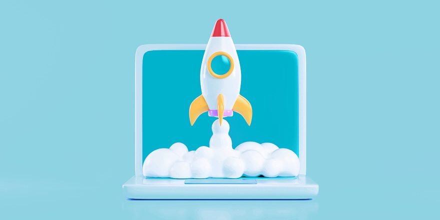 Illustration of a rocket ship taking off from a laptop