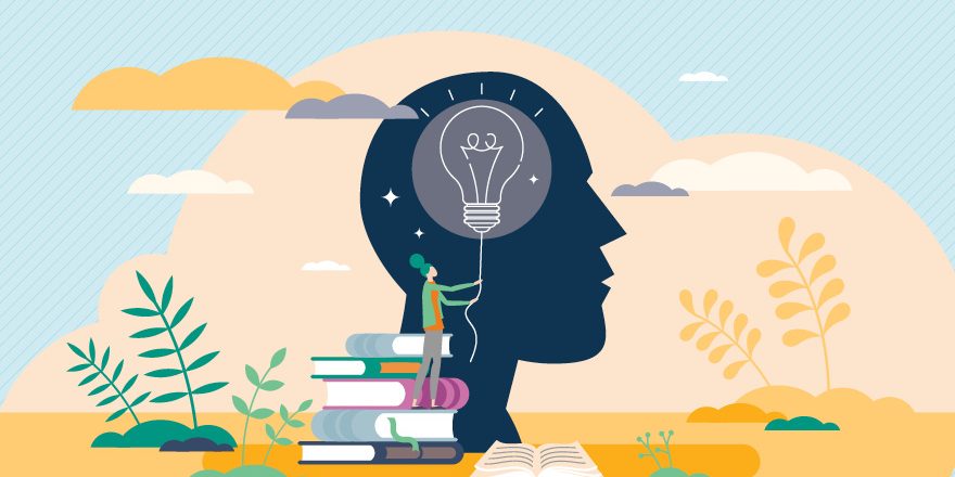 Conceptual illustration representing "why" through a brain, lightbulb, person and stack of books